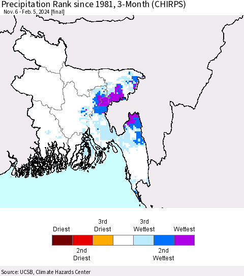 Bangladesh Precipitation Rank since 1981, 3-Month (CHIRPS) Thematic Map For 11/6/2023 - 2/5/2024