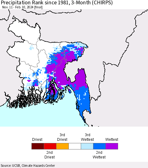 Bangladesh Precipitation Rank since 1981, 3-Month (CHIRPS) Thematic Map For 11/11/2023 - 2/10/2024