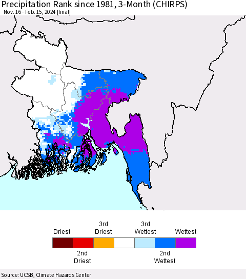 Bangladesh Precipitation Rank since 1981, 3-Month (CHIRPS) Thematic Map For 11/16/2023 - 2/15/2024