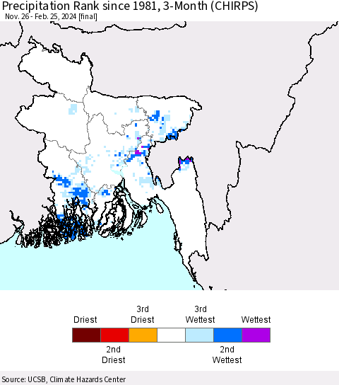 Bangladesh Precipitation Rank since 1981, 3-Month (CHIRPS) Thematic Map For 11/26/2023 - 2/25/2024