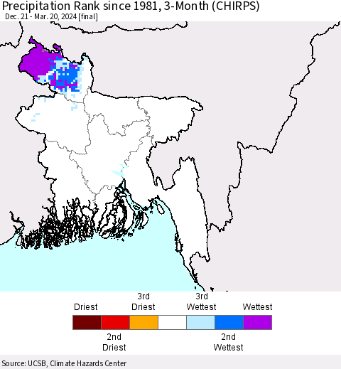 Bangladesh Precipitation Rank since 1981, 3-Month (CHIRPS) Thematic Map For 12/21/2023 - 3/20/2024