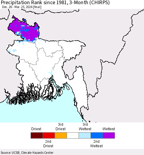 Bangladesh Precipitation Rank since 1981, 3-Month (CHIRPS) Thematic Map For 12/26/2023 - 3/25/2024