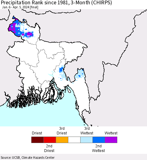 Bangladesh Precipitation Rank since 1981, 3-Month (CHIRPS) Thematic Map For 1/6/2024 - 4/5/2024