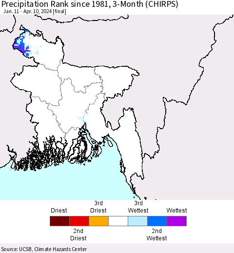 Bangladesh Precipitation Rank since 1981, 3-Month (CHIRPS) Thematic Map For 1/11/2024 - 4/10/2024