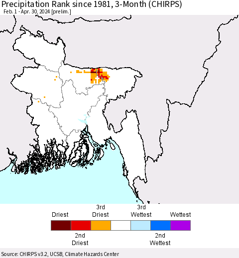 Bangladesh Precipitation Rank since 1981, 3-Month (CHIRPS) Thematic Map For 2/1/2024 - 4/30/2024