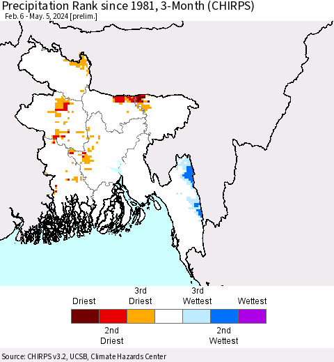 Bangladesh Precipitation Rank since 1981, 3-Month (CHIRPS) Thematic Map For 2/6/2024 - 5/5/2024