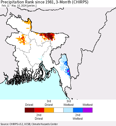 Bangladesh Precipitation Rank since 1981, 3-Month (CHIRPS) Thematic Map For 2/11/2024 - 5/10/2024