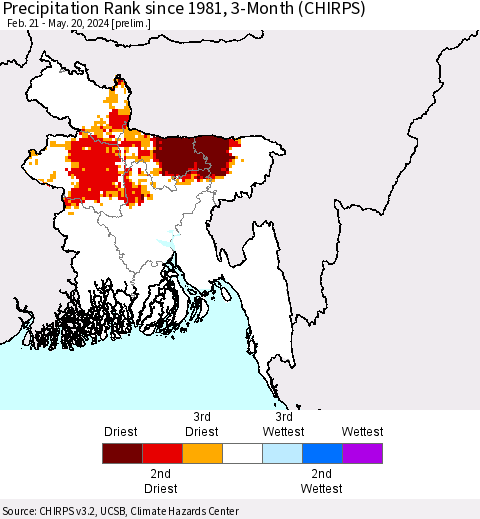 Bangladesh Precipitation Rank since 1981, 3-Month (CHIRPS) Thematic Map For 2/21/2024 - 5/20/2024