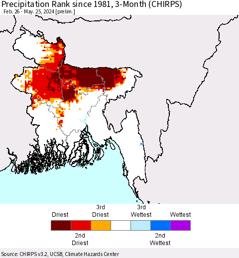 Bangladesh Precipitation Rank since 1981, 3-Month (CHIRPS) Thematic Map For 2/26/2024 - 5/25/2024