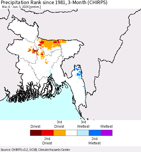 Bangladesh Precipitation Rank since 1981, 3-Month (CHIRPS) Thematic Map For 3/6/2024 - 6/5/2024