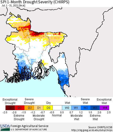 Bangladesh SPI 1-Month Drought Severity (CHIRPS) Thematic Map For 7/1/2021 - 7/31/2021