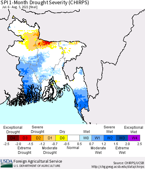Bangladesh SPI 1-Month Drought Severity (CHIRPS) Thematic Map For 7/6/2021 - 8/5/2021