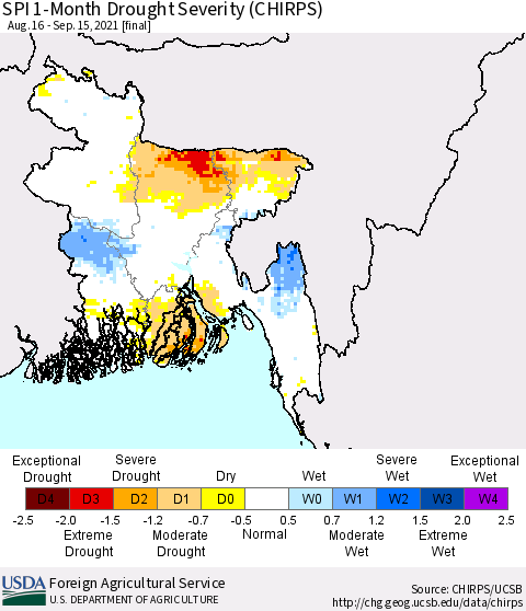 Bangladesh SPI 1-Month Drought Severity (CHIRPS) Thematic Map For 8/16/2021 - 9/15/2021