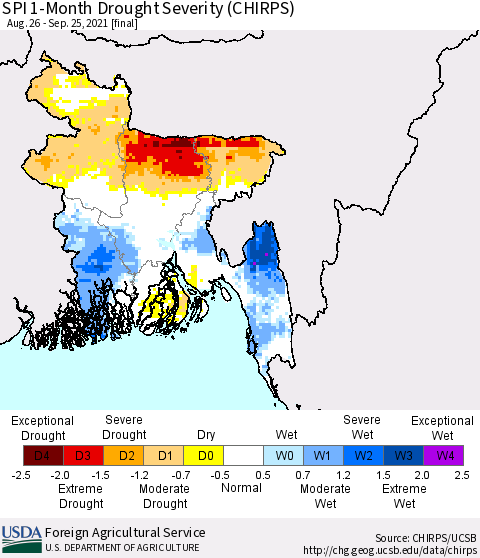 Bangladesh SPI 1-Month Drought Severity (CHIRPS) Thematic Map For 8/26/2021 - 9/25/2021