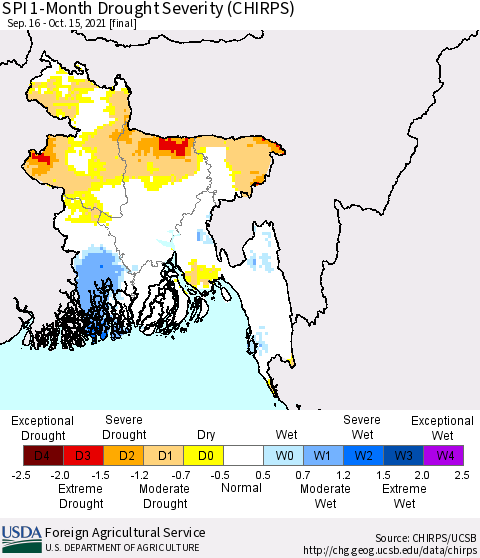 Bangladesh SPI 1-Month Drought Severity (CHIRPS) Thematic Map For 9/16/2021 - 10/15/2021