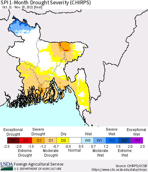 Bangladesh SPI 1-Month Drought Severity (CHIRPS) Thematic Map For 10/21/2021 - 11/20/2021