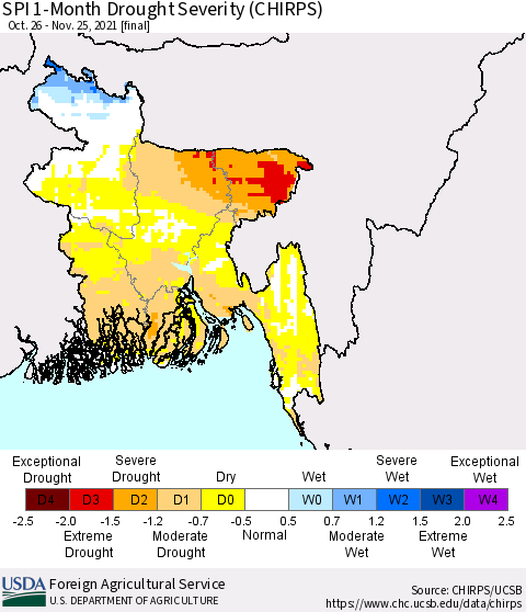 Bangladesh SPI 1-Month Drought Severity (CHIRPS) Thematic Map For 10/26/2021 - 11/25/2021