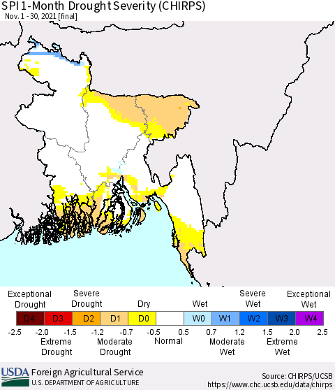 Bangladesh SPI 1-Month Drought Severity (CHIRPS) Thematic Map For 11/1/2021 - 11/30/2021