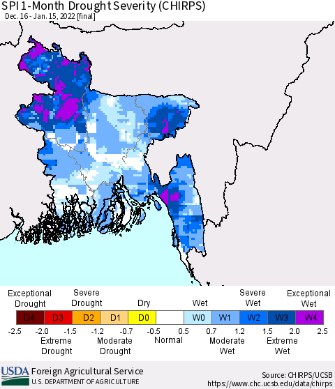 Bangladesh SPI 1-Month Drought Severity (CHIRPS) Thematic Map For 12/16/2021 - 1/15/2022