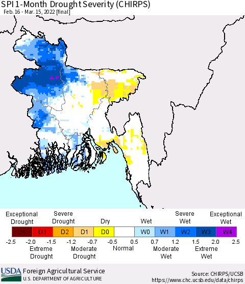 Bangladesh SPI 1-Month Drought Severity (CHIRPS) Thematic Map For 2/16/2022 - 3/15/2022