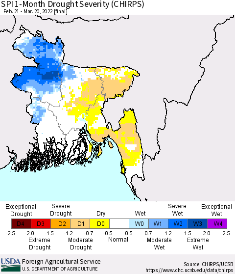 Bangladesh SPI 1-Month Drought Severity (CHIRPS) Thematic Map For 2/21/2022 - 3/20/2022