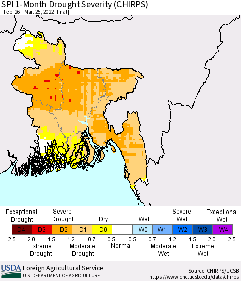 Bangladesh SPI 1-Month Drought Severity (CHIRPS) Thematic Map For 2/26/2022 - 3/25/2022