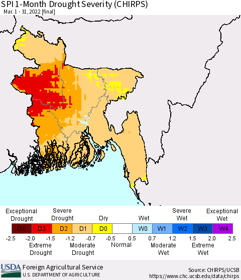 Bangladesh SPI 1-Month Drought Severity (CHIRPS) Thematic Map For 3/1/2022 - 3/31/2022