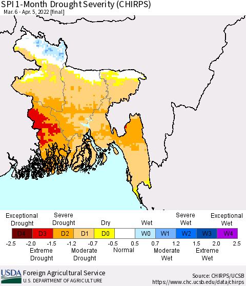 Bangladesh SPI 1-Month Drought Severity (CHIRPS) Thematic Map For 3/6/2022 - 4/5/2022