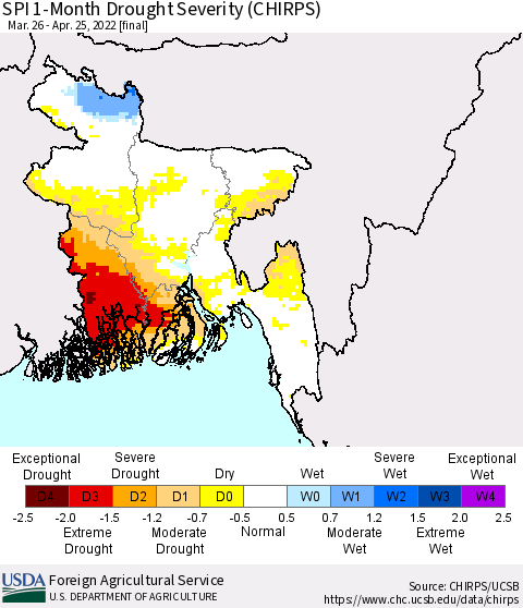 Bangladesh SPI 1-Month Drought Severity (CHIRPS) Thematic Map For 3/26/2022 - 4/25/2022
