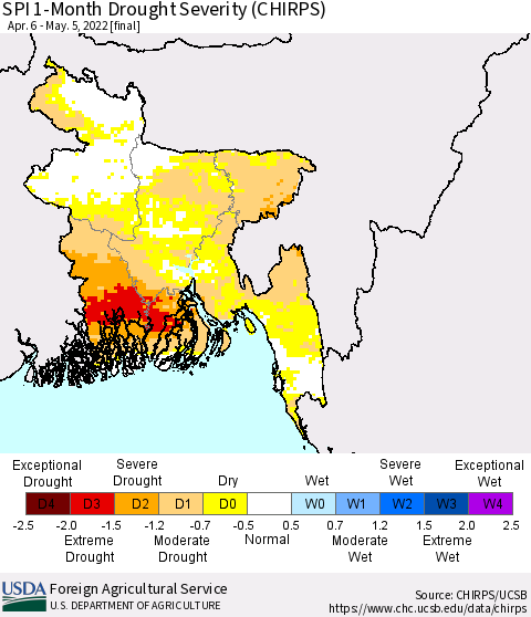 Bangladesh SPI 1-Month Drought Severity (CHIRPS) Thematic Map For 4/6/2022 - 5/5/2022