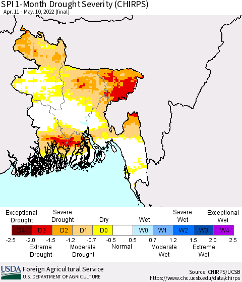 Bangladesh SPI 1-Month Drought Severity (CHIRPS) Thematic Map For 4/11/2022 - 5/10/2022