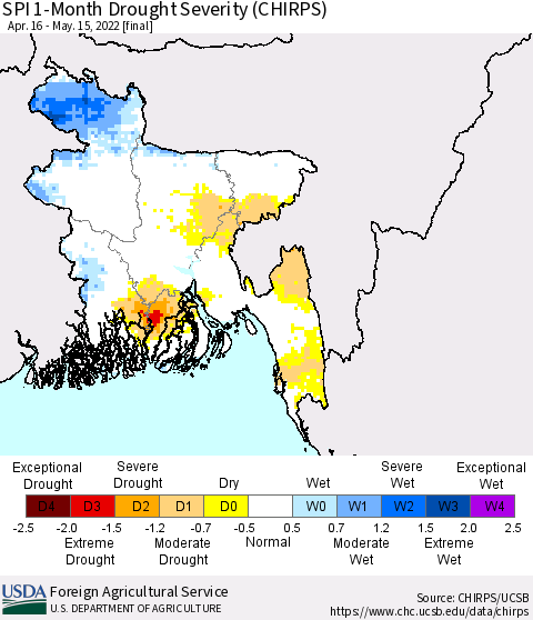 Bangladesh SPI 1-Month Drought Severity (CHIRPS) Thematic Map For 4/16/2022 - 5/15/2022