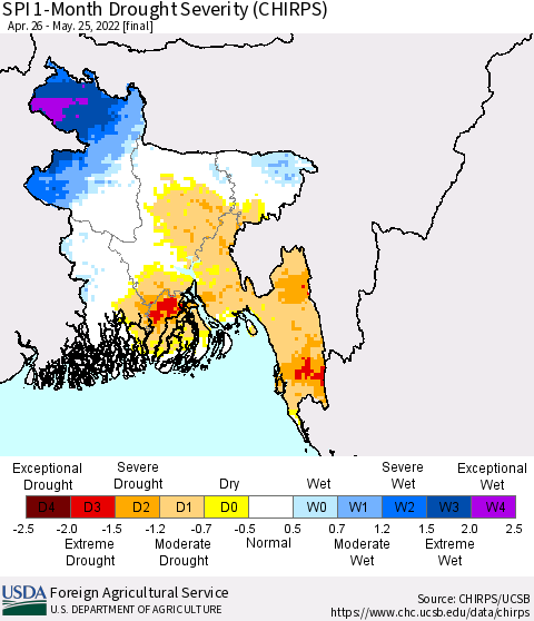 Bangladesh SPI 1-Month Drought Severity (CHIRPS) Thematic Map For 4/26/2022 - 5/25/2022
