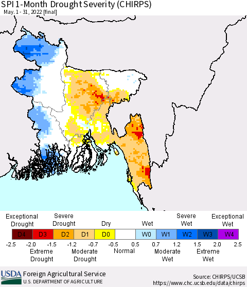 Bangladesh SPI 1-Month Drought Severity (CHIRPS) Thematic Map For 5/1/2022 - 5/31/2022