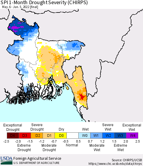 Bangladesh SPI 1-Month Drought Severity (CHIRPS) Thematic Map For 5/6/2022 - 6/5/2022