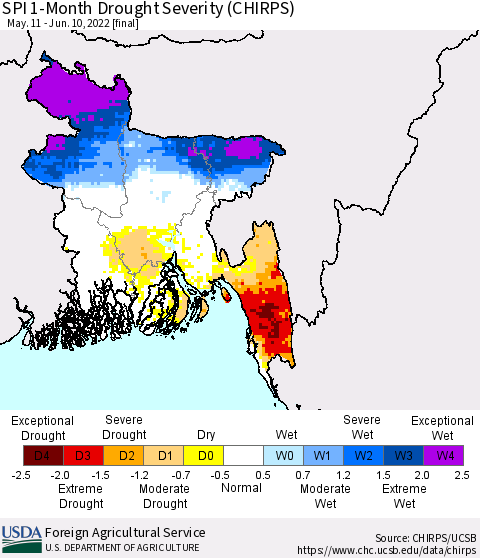 Bangladesh SPI 1-Month Drought Severity (CHIRPS) Thematic Map For 5/11/2022 - 6/10/2022