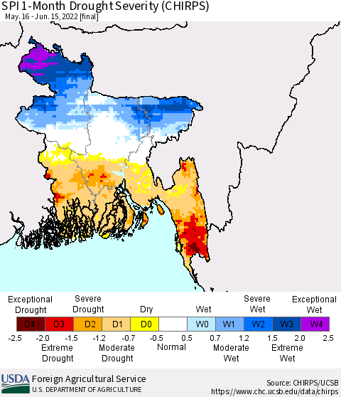 Bangladesh SPI 1-Month Drought Severity (CHIRPS) Thematic Map For 5/16/2022 - 6/15/2022