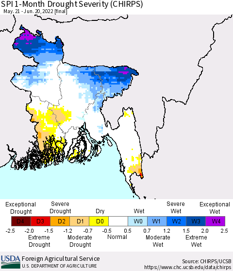 Bangladesh SPI 1-Month Drought Severity (CHIRPS) Thematic Map For 5/21/2022 - 6/20/2022
