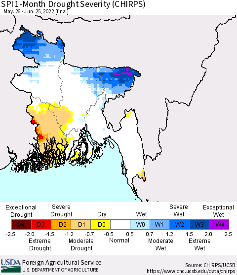 Bangladesh SPI 1-Month Drought Severity (CHIRPS) Thematic Map For 5/26/2022 - 6/25/2022