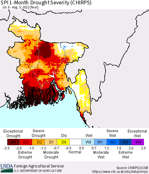Bangladesh SPI 1-Month Drought Severity (CHIRPS) Thematic Map For 7/6/2022 - 8/5/2022