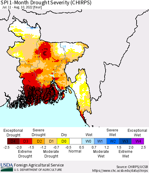 Bangladesh SPI 1-Month Drought Severity (CHIRPS) Thematic Map For 7/11/2022 - 8/10/2022