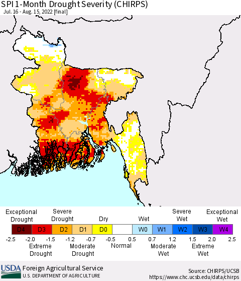 Bangladesh SPI 1-Month Drought Severity (CHIRPS) Thematic Map For 7/16/2022 - 8/15/2022