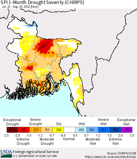 Bangladesh SPI 1-Month Drought Severity (CHIRPS) Thematic Map For 7/21/2022 - 8/20/2022