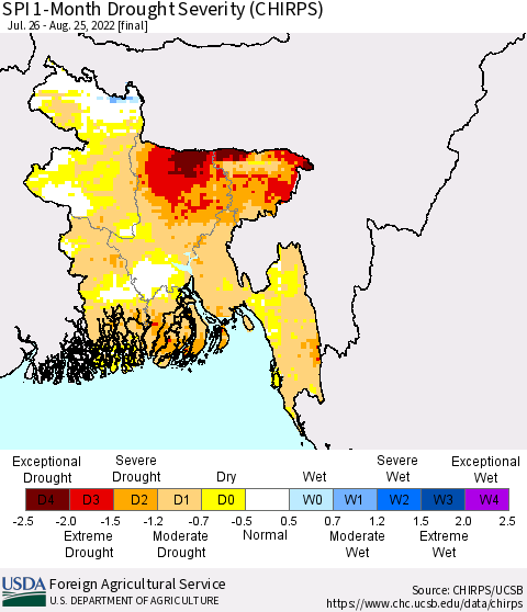 Bangladesh SPI 1-Month Drought Severity (CHIRPS) Thematic Map For 7/26/2022 - 8/25/2022