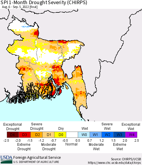 Bangladesh SPI 1-Month Drought Severity (CHIRPS) Thematic Map For 8/6/2022 - 9/5/2022