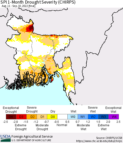 Bangladesh SPI 1-Month Drought Severity (CHIRPS) Thematic Map For 8/11/2022 - 9/10/2022