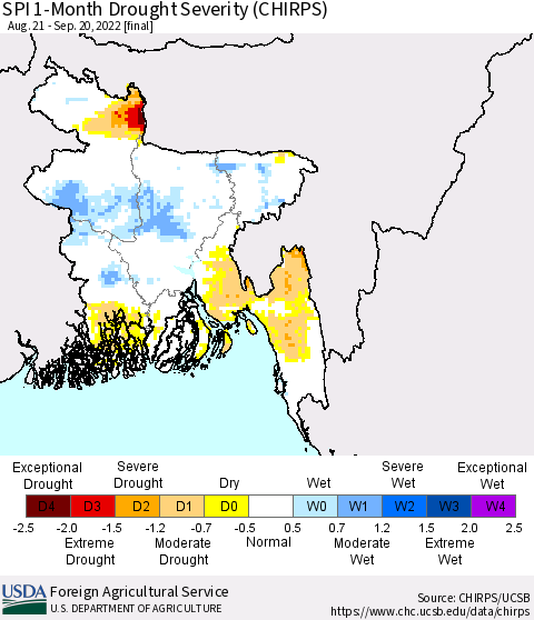 Bangladesh SPI 1-Month Drought Severity (CHIRPS) Thematic Map For 8/21/2022 - 9/20/2022