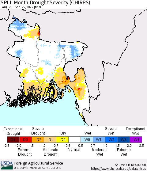 Bangladesh SPI 1-Month Drought Severity (CHIRPS) Thematic Map For 8/26/2022 - 9/25/2022