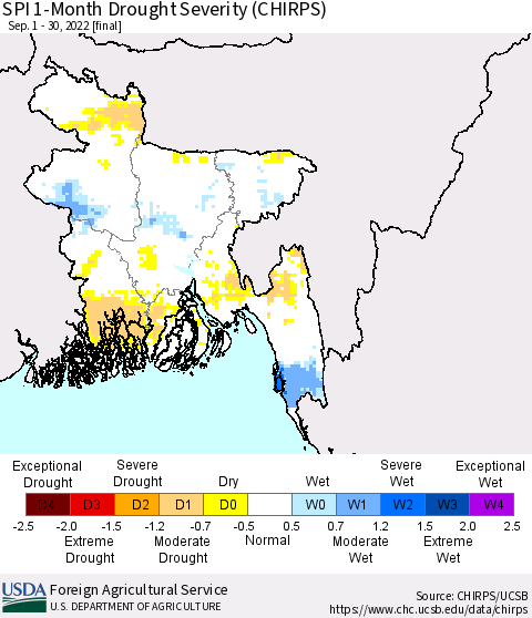 Bangladesh SPI 1-Month Drought Severity (CHIRPS) Thematic Map For 9/1/2022 - 9/30/2022