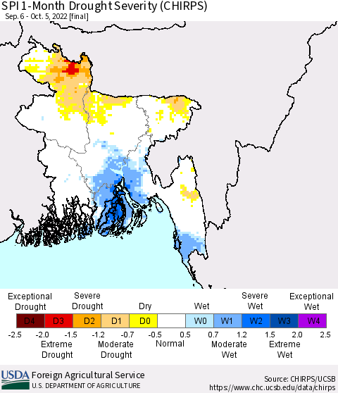 Bangladesh SPI 1-Month Drought Severity (CHIRPS) Thematic Map For 9/6/2022 - 10/5/2022